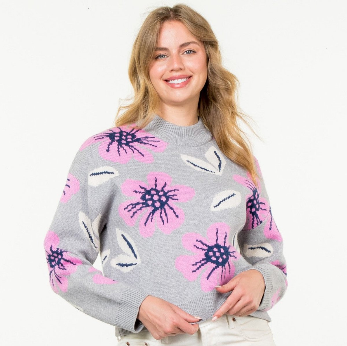 grey crew neck sweater with pink and navy flowers