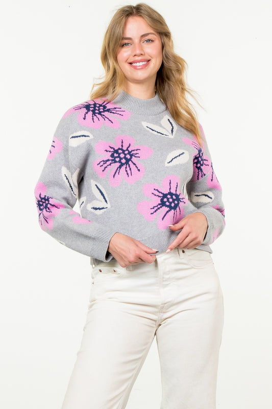 grey crew neck sweater with pink and navy flowers