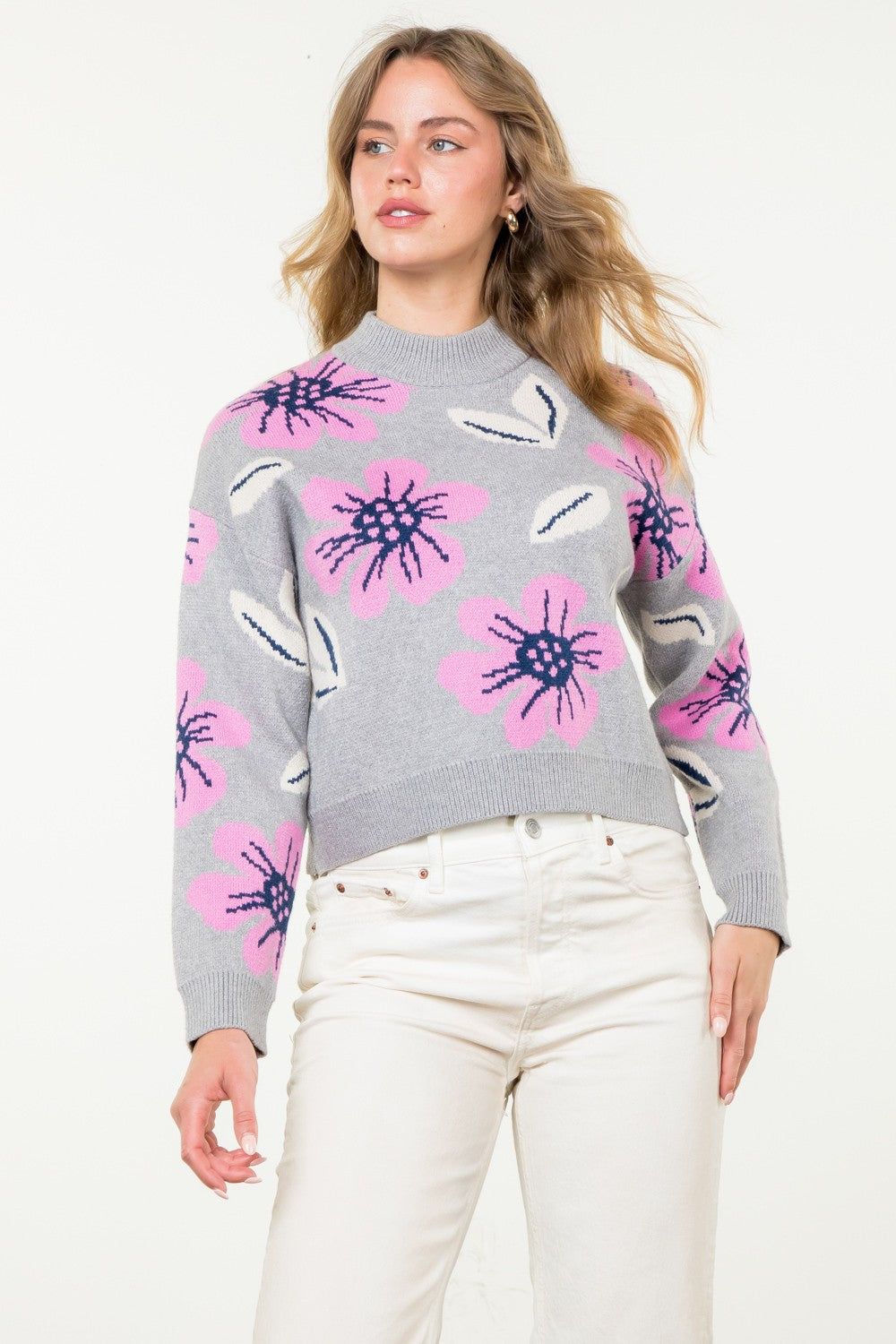 grey crew neck sweater with pink and navy flowers