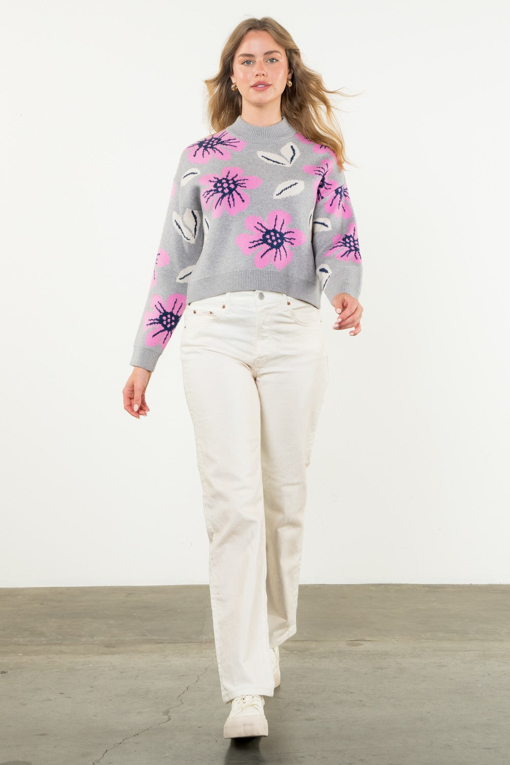 grey crew neck sweater with pink and navy flowers