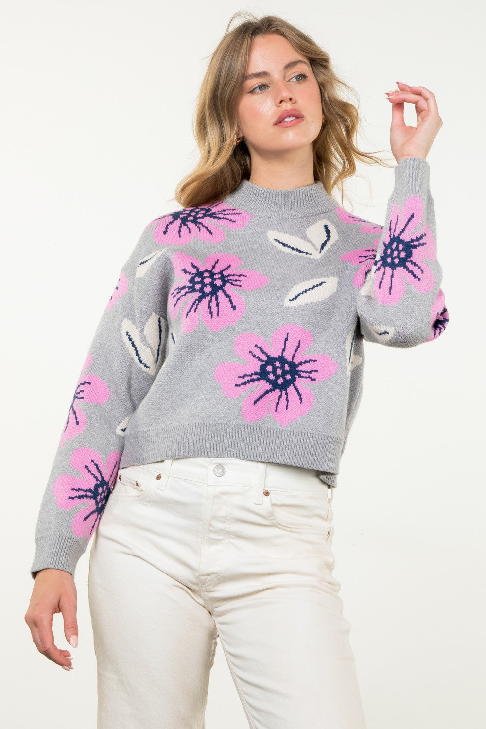 grey crew neck sweater with pink and navy flowers